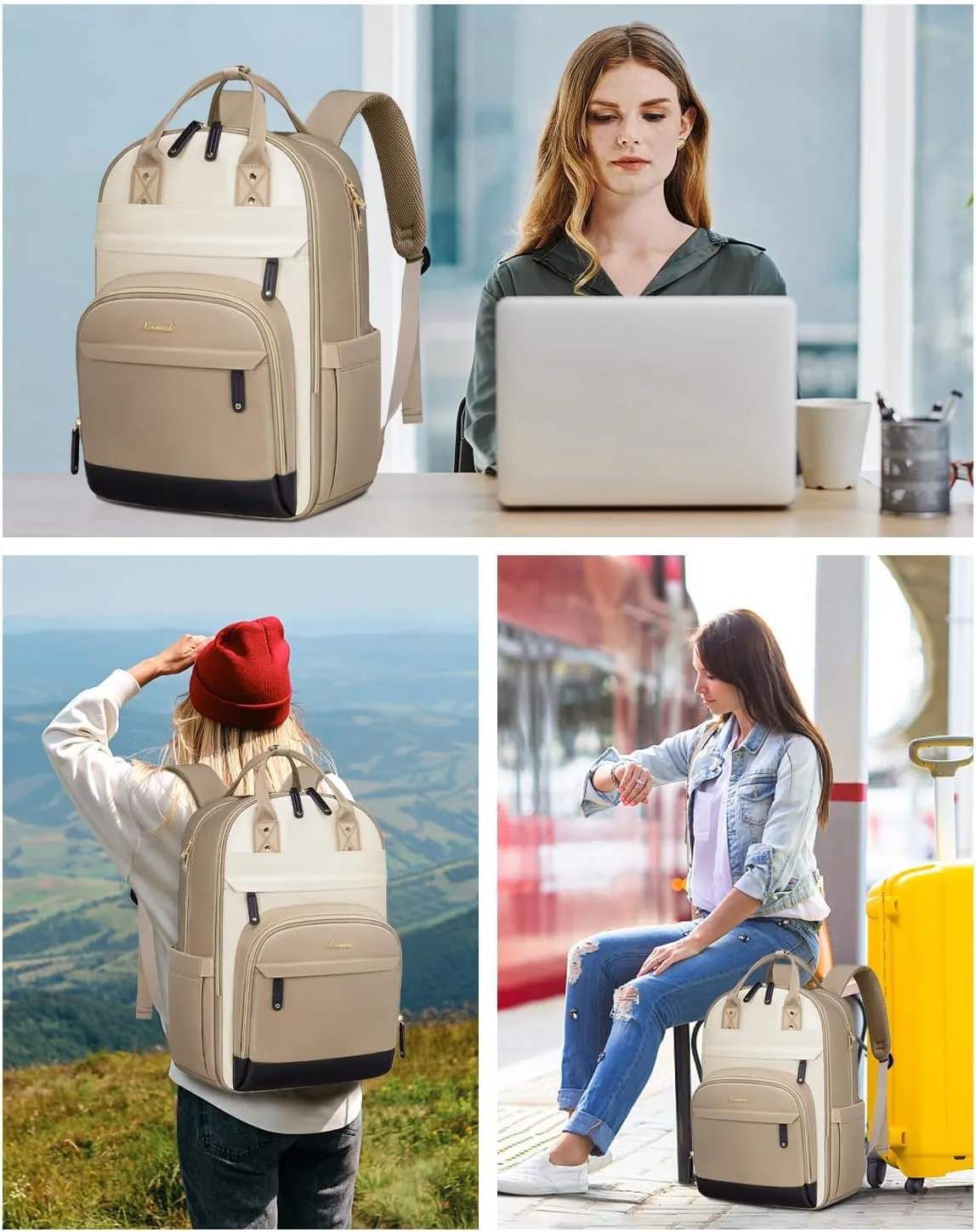 LOVEVOOK Backpack for Women,Laptop Backpack Women,Fits 15.6 Inch Laptop Bag,School Backpacks,Fashion Travel Work Anti-theft Bag,Waterproof Business Computer College Backpack Purse,Beige-Khaki-Black