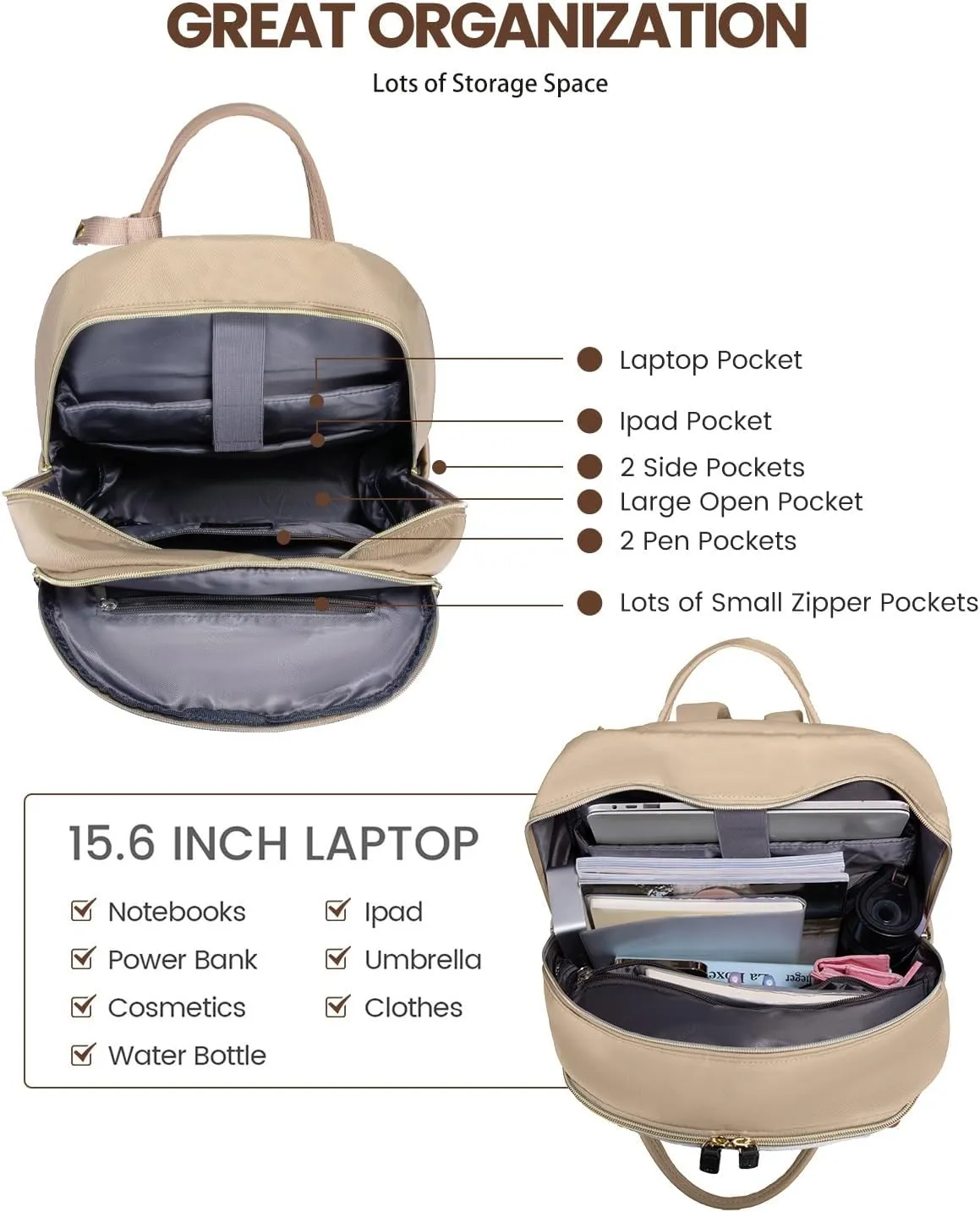 LOVEVOOK Backpack for Women,Laptop Backpack Women,Fits 15.6 Inch Laptop Bag,School Backpacks,Fashion Travel Work Anti-theft Bag,Waterproof Business Computer College Backpack Purse,Beige-Khaki-Black