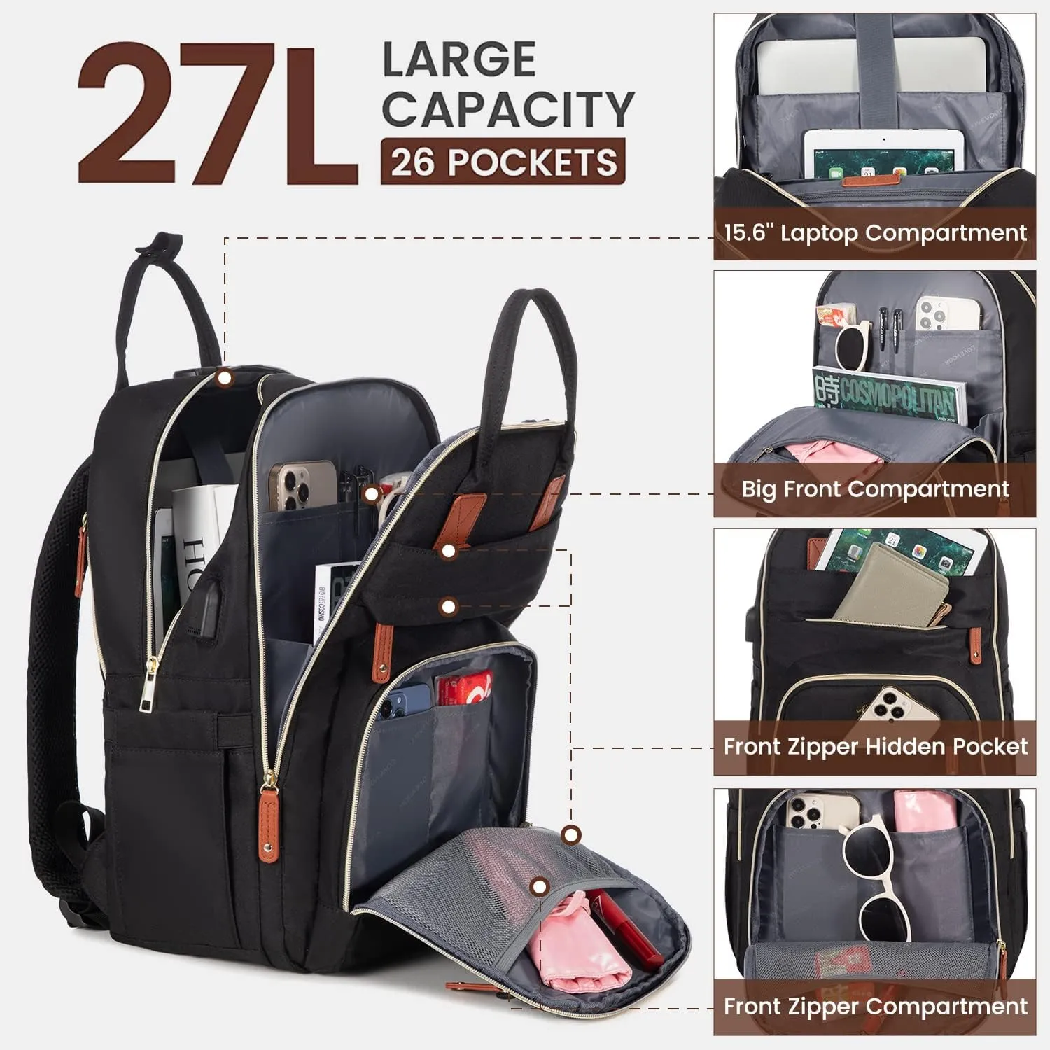 LOVEVOOK Laptop Backpack for Women, Unisex Travel Anti-theft Bag, Business Work Computer Backpacks Purse College Backpack for Men, Casual Hiking Daypack with Lock, 15.6 Inch, Black