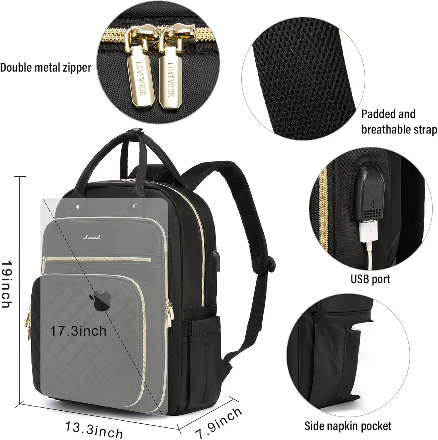 LOVEVOOK Laptop Backpack for Women, Water Resistant Travel Work Backpacks Purse Stylish College Business Teacher Nurse Computer Bag with USB Charging Port, Fits 17" Laptop