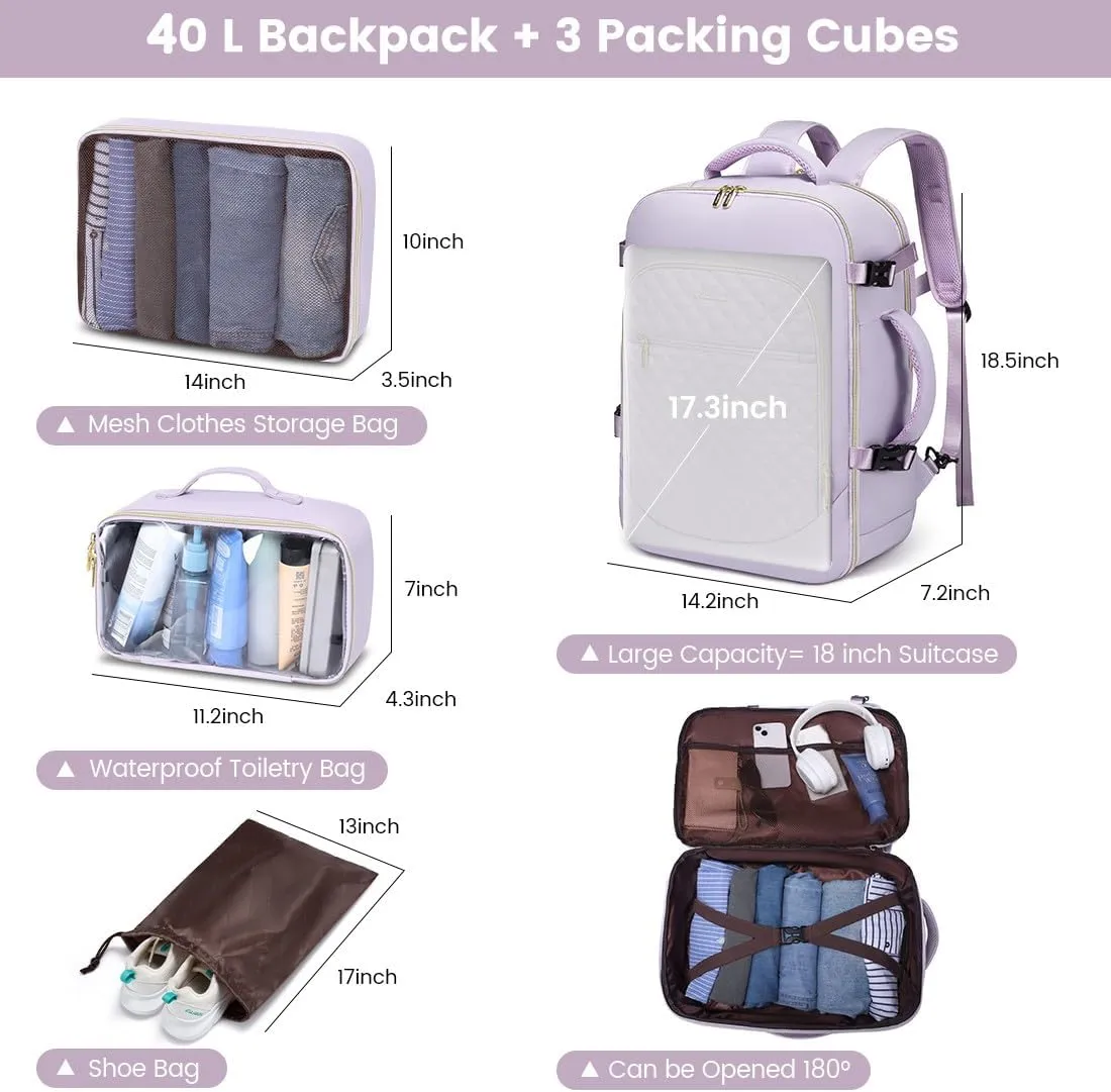 LOVEVOOK Large Travel Laptop Backpack for Women, 40L Carry On Backpack Flight Approved,Waterproof Suitcase Backpacks with 3 Packing Cubes, Daypack Business College Weekender Overnight, Light Purple
