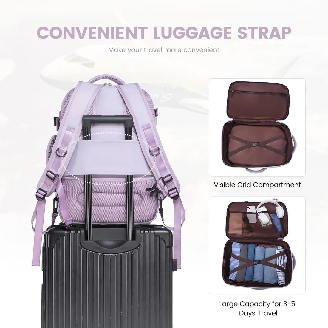 LOVEVOOK Large Travel Laptop Backpack for Women, 40L Carry On Backpack Flight Approved,Waterproof Suitcase Backpacks with 3 Packing Cubes, Daypack Business College Weekender Overnight, Light Purple