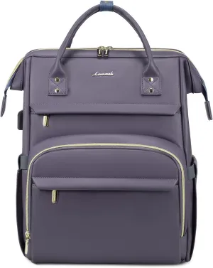 LOVEVOOK Leather Laptop Backpack for Women 15.6 inch,Travel Backpack Purse Nurse Teacher Backpack Computer Laptop Bag,Professional College Business Work Bag Carry On Backpack with USB Port,Grey Purple