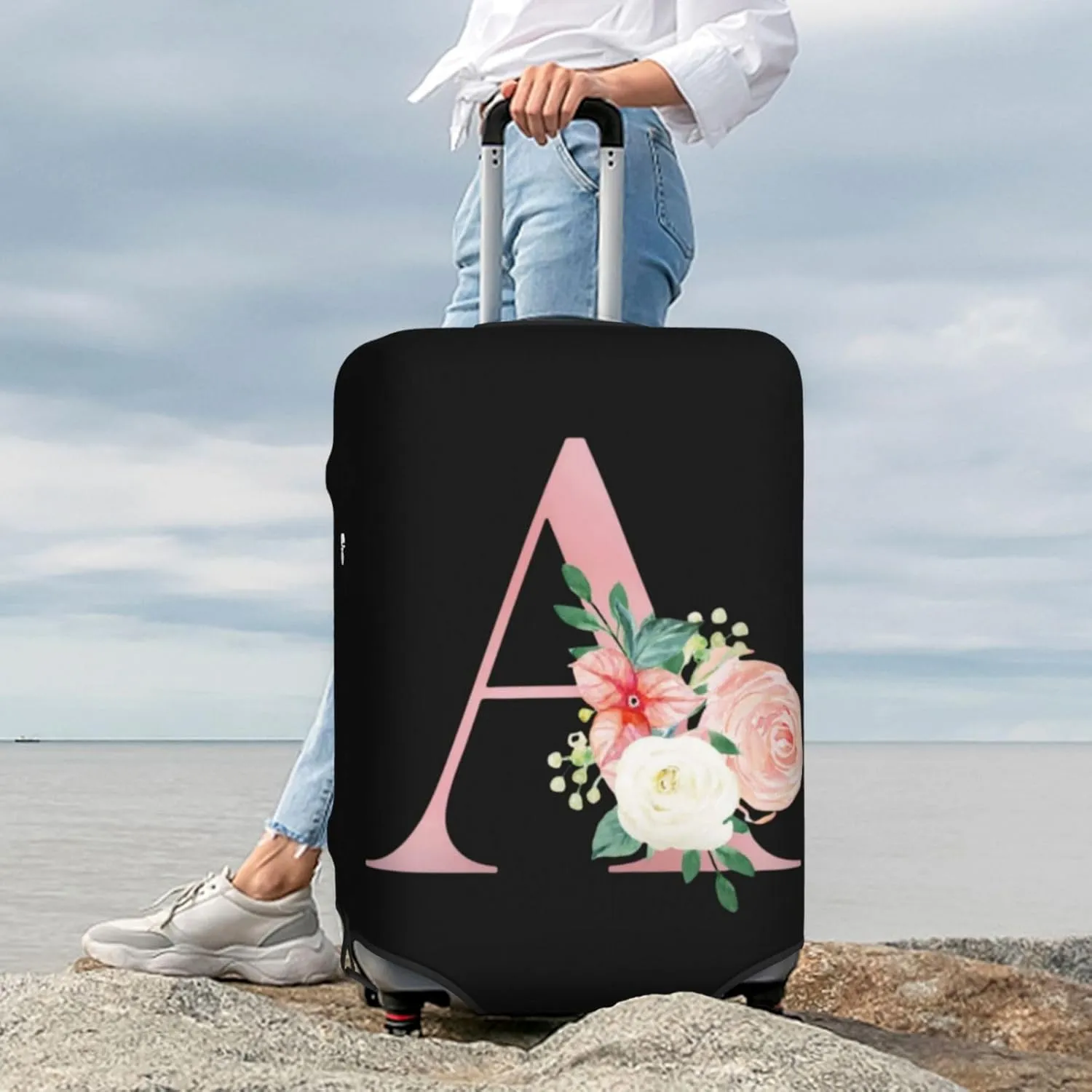 Luggage Cover Flower Letter A Black Suitcase Protector fits 18-32inch Travel Suitcase Cover Washable Dustproof with Concealed Zipper for Wheeled Suitcase LC999