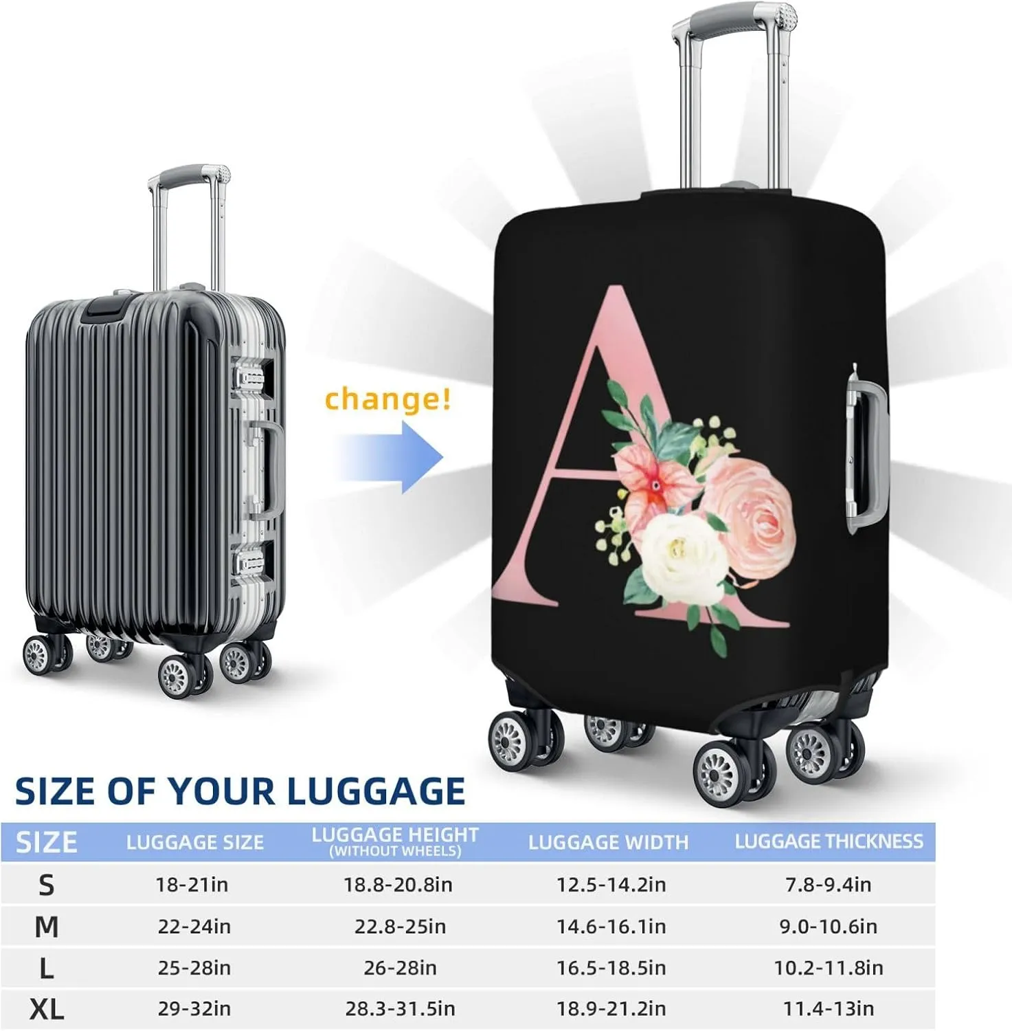 Luggage Cover Flower Letter A Black Suitcase Protector fits 18-32inch Travel Suitcase Cover Washable Dustproof with Concealed Zipper for Wheeled Suitcase LC999