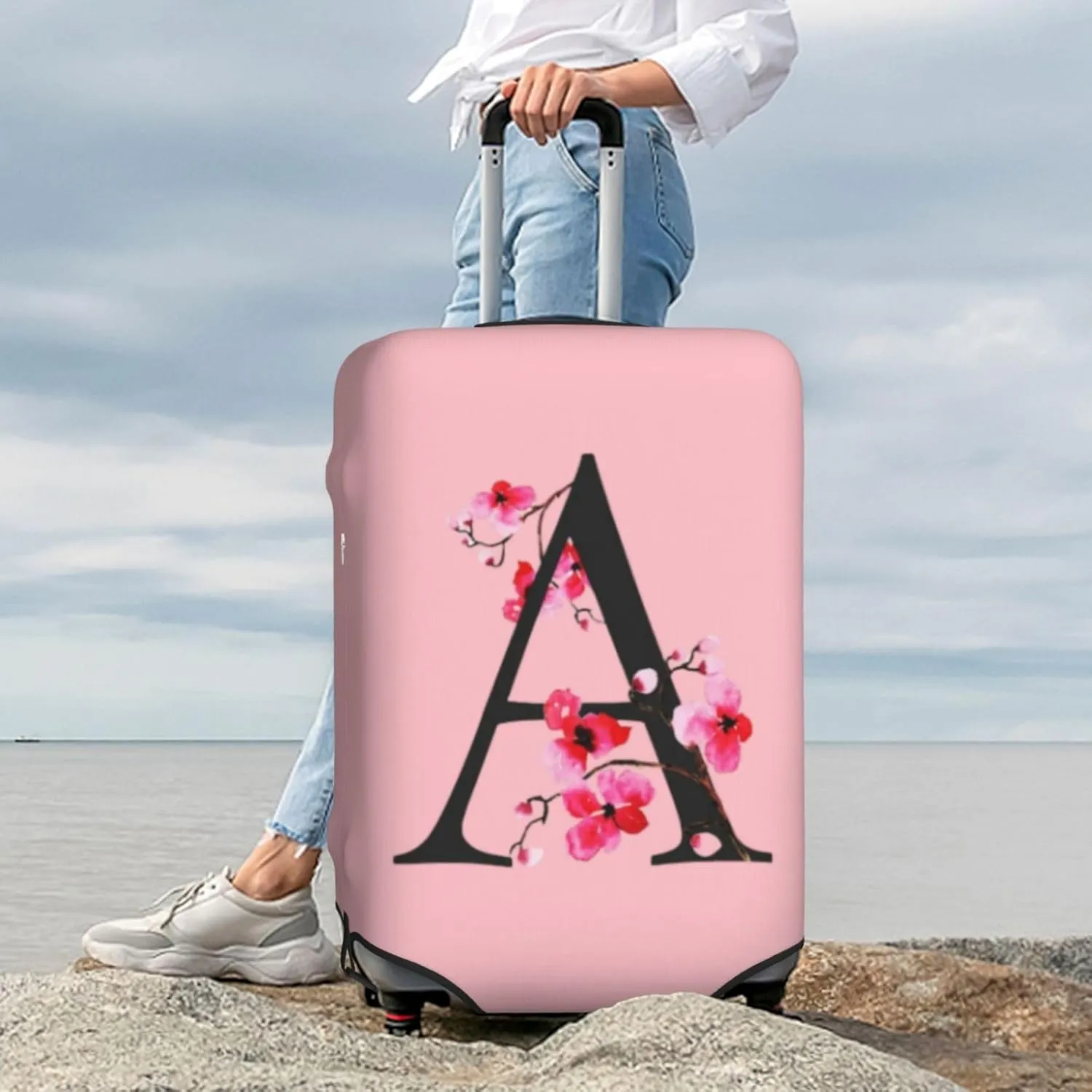 Luggage Cover Flower Letter A Pink Suitcase Protector fits 18-32inch Suitcase Cover Washable Dustproof with Concealed Zipper for Wheeled Suitcase LC108