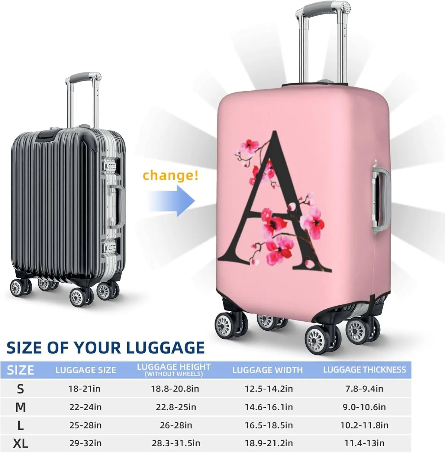 Luggage Cover Flower Letter A Pink Suitcase Protector fits 18-32inch Suitcase Cover Washable Dustproof with Concealed Zipper for Wheeled Suitcase LC108