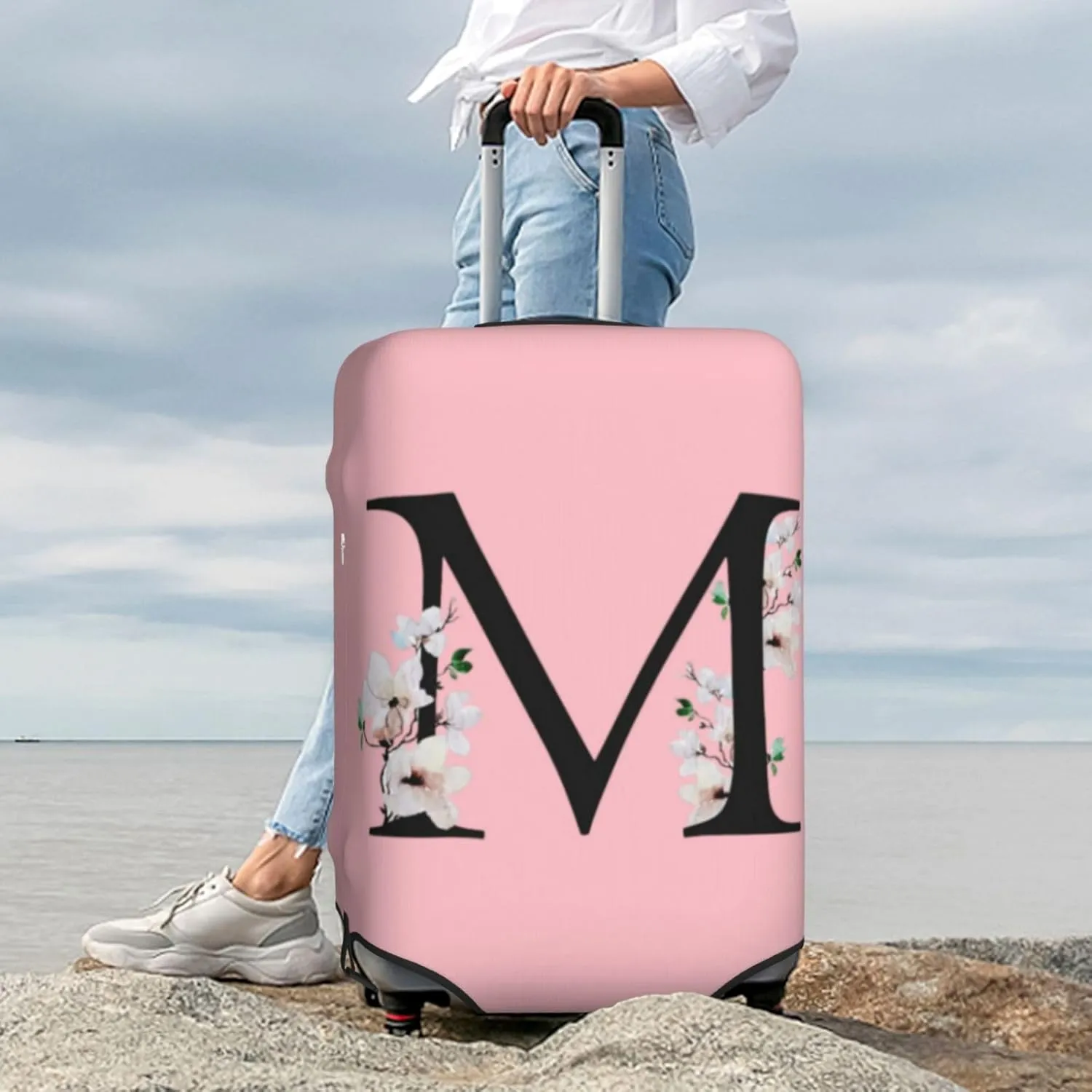 Luggage Cover Flower Letter M Pink Suitcase Protector fits 18-32inch Suitcase Cover Washable Dustproof with Concealed Zipper for Wheeled Suitcase LC156