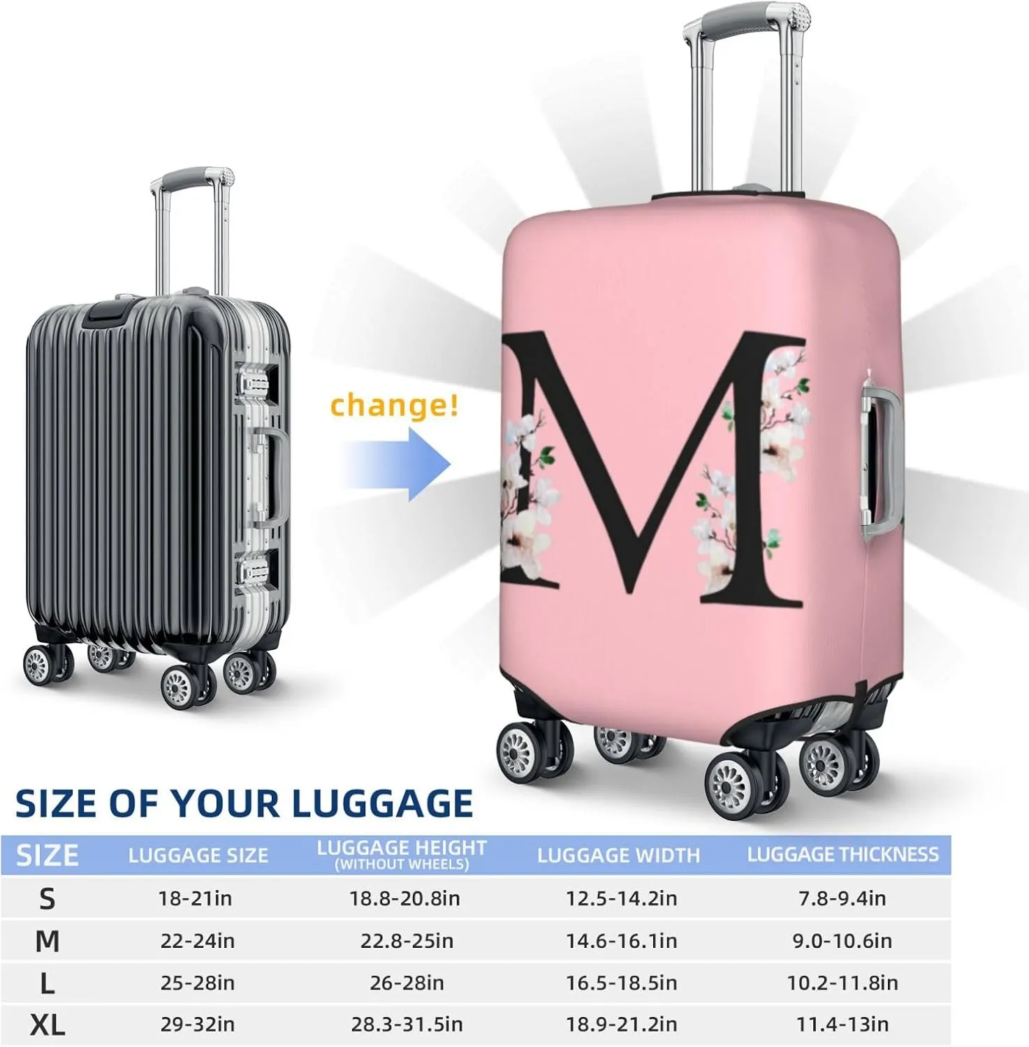 Luggage Cover Flower Letter M Pink Suitcase Protector fits 18-32inch Suitcase Cover Washable Dustproof with Concealed Zipper for Wheeled Suitcase LC156