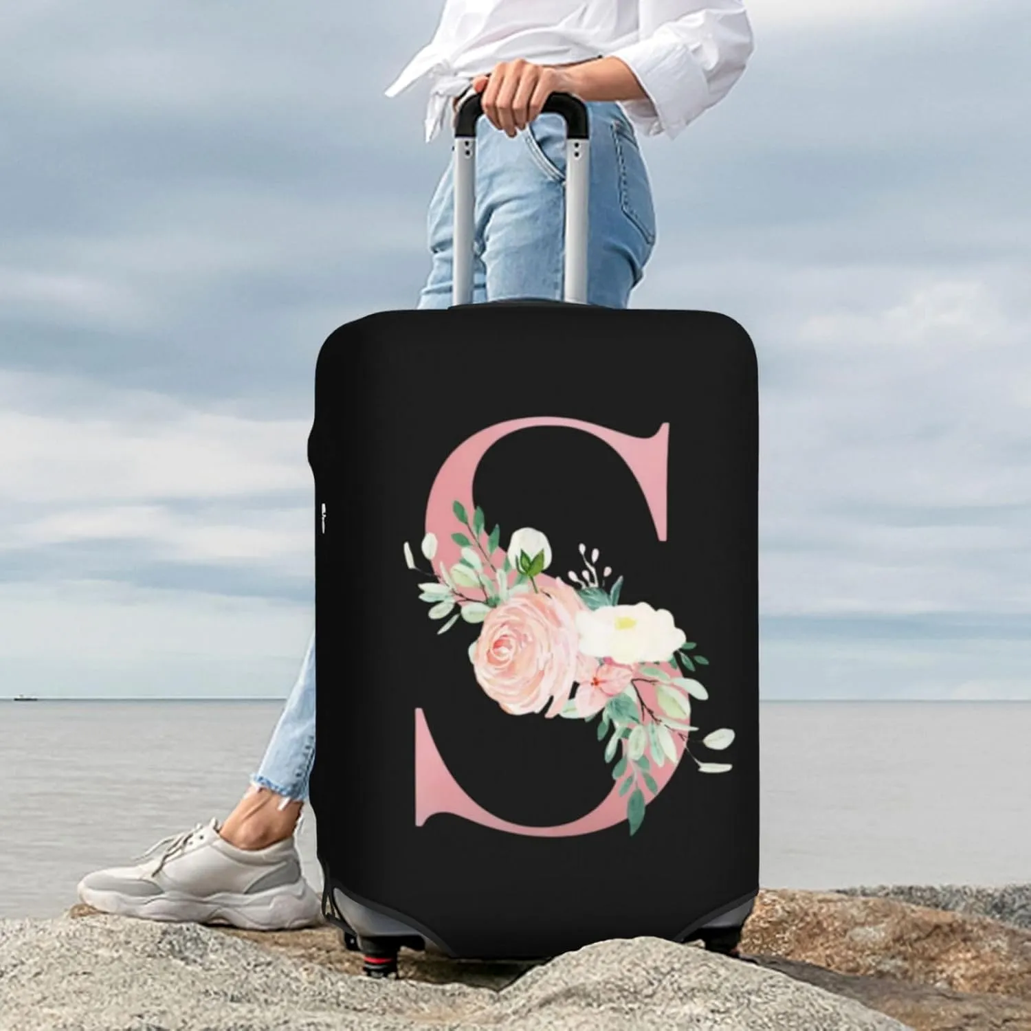 Luggage Cover Flower Letter S Black Suitcase Protector fits 18-32inch Travel Suitcase Cover Washable Dustproof with Concealed Zipper for Wheeled Suitcase LC1069