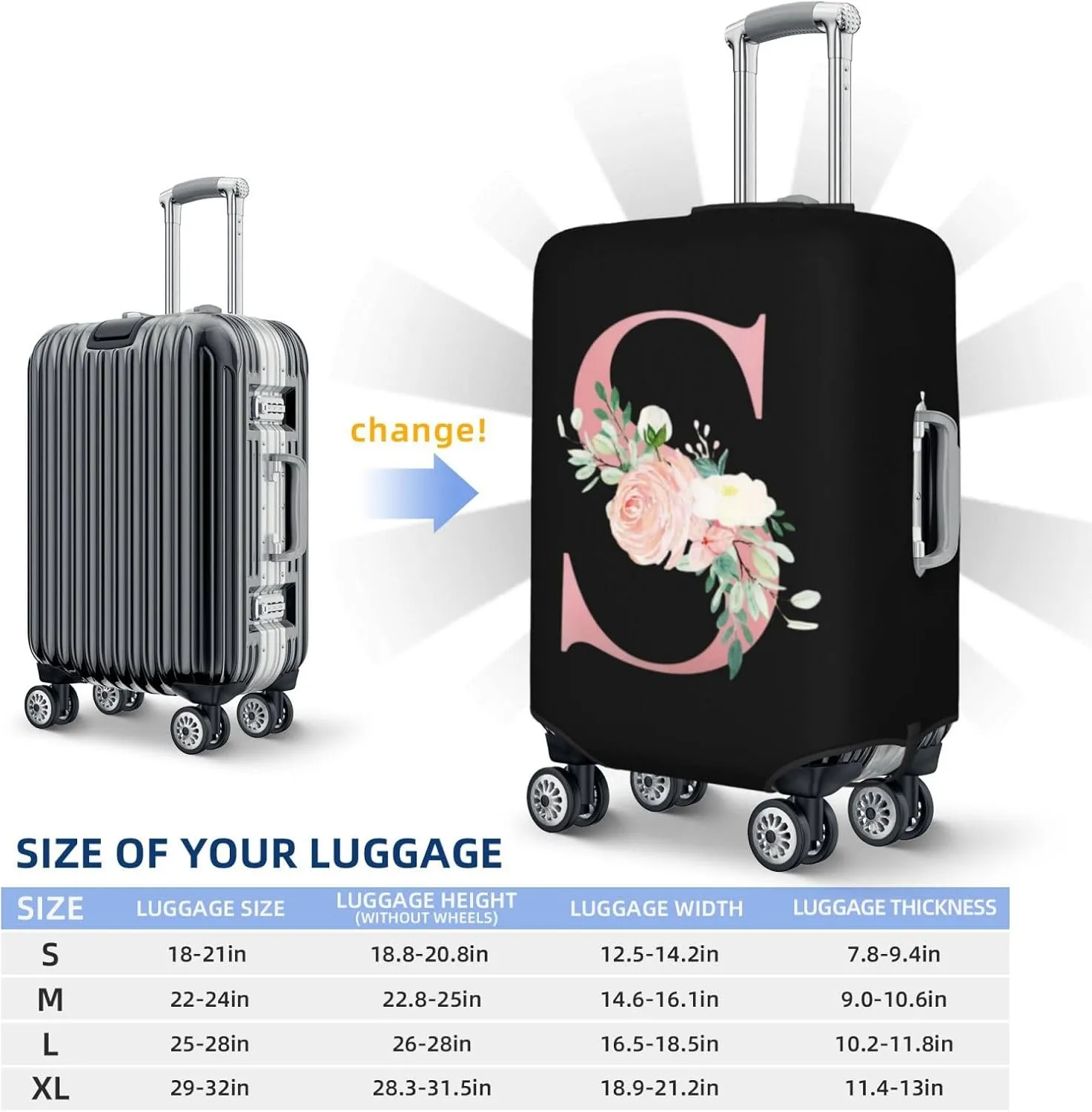 Luggage Cover Flower Letter S Black Suitcase Protector fits 18-32inch Travel Suitcase Cover Washable Dustproof with Concealed Zipper for Wheeled Suitcase LC1069