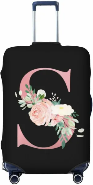 Luggage Cover Flower Letter S Black Suitcase Protector fits 18-32inch Travel Suitcase Cover Washable Dustproof with Concealed Zipper for Wheeled Suitcase LC1069