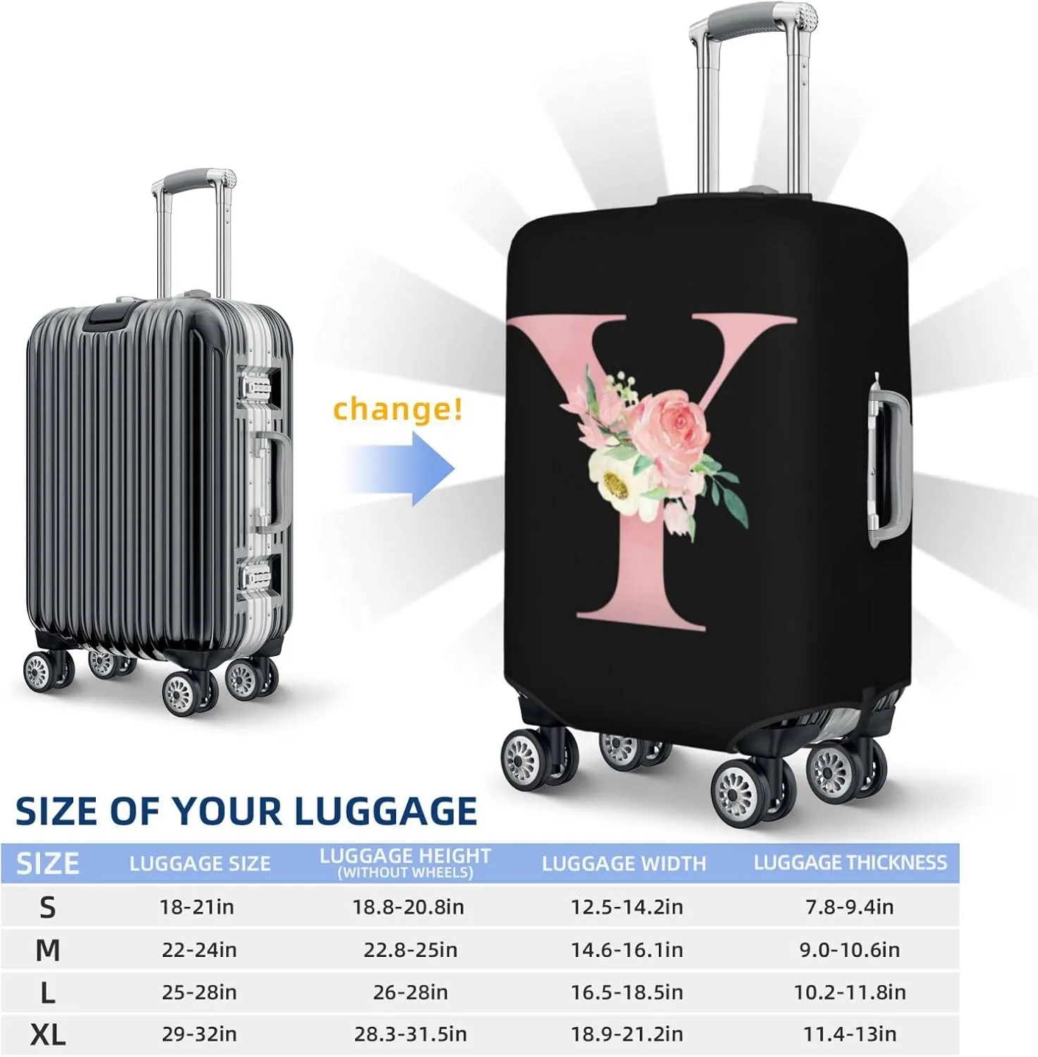 Luggage Cover Flower Letter Y Black Suitcase Protector fits 18-32inch Travel Suitcase Cover Washable Dustproof with Concealed Zipper for Wheeled Suitcase LC1095