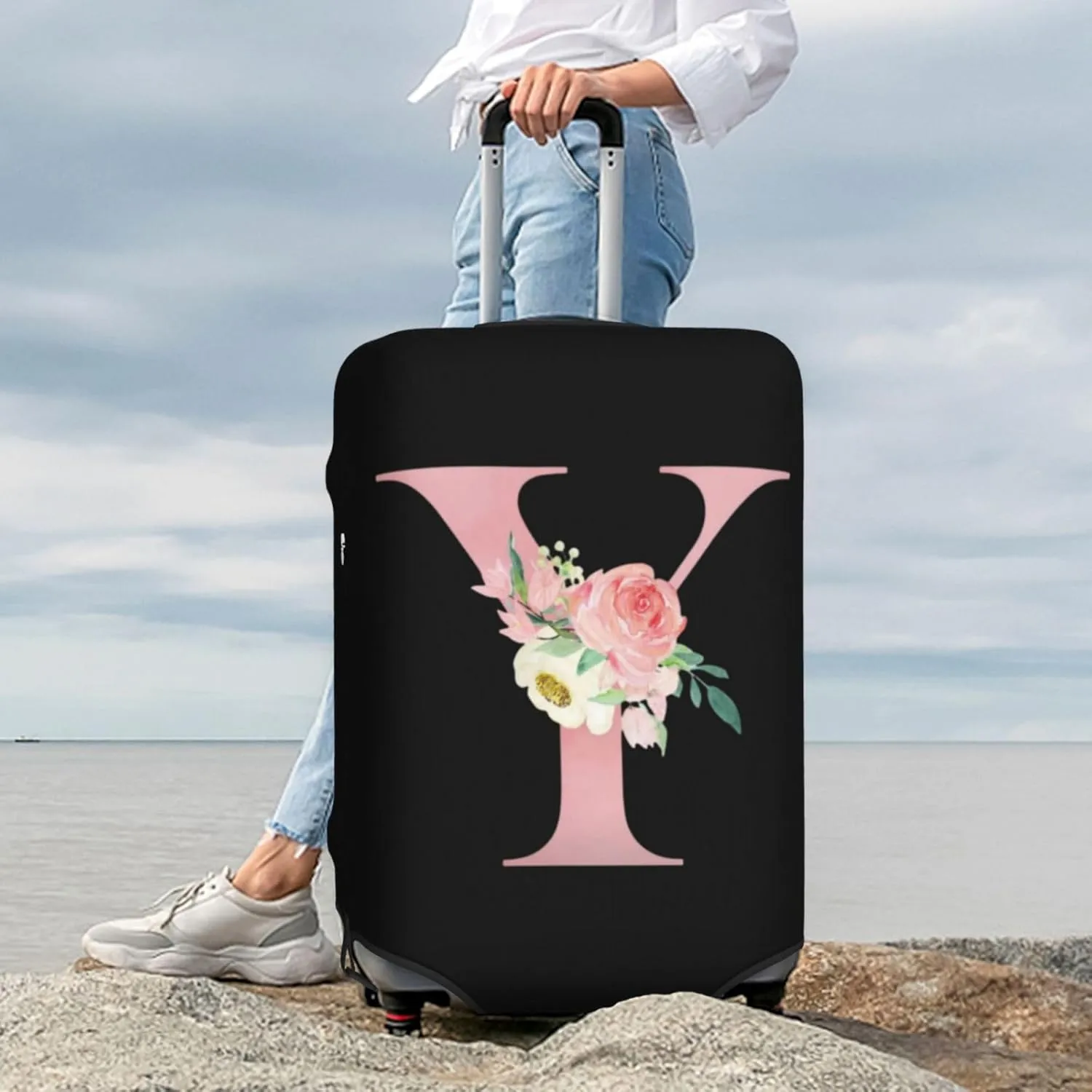 Luggage Cover Flower Letter Y Black Suitcase Protector fits 18-32inch Travel Suitcase Cover Washable Dustproof with Concealed Zipper for Wheeled Suitcase LC1095