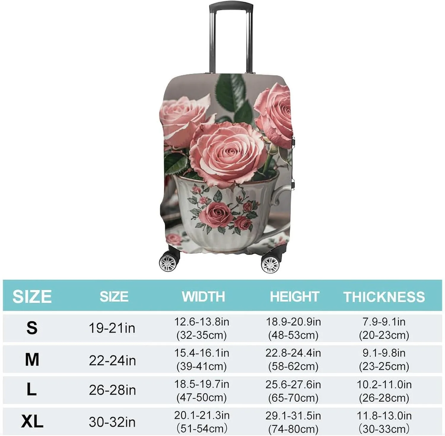 Luggage Cover for Travel, Tea Cups with Roses Romantic Shabby Fashion Luggage Covers, Washable Stretch Suitcases Protector Fits 19-32 Inch Luggage L