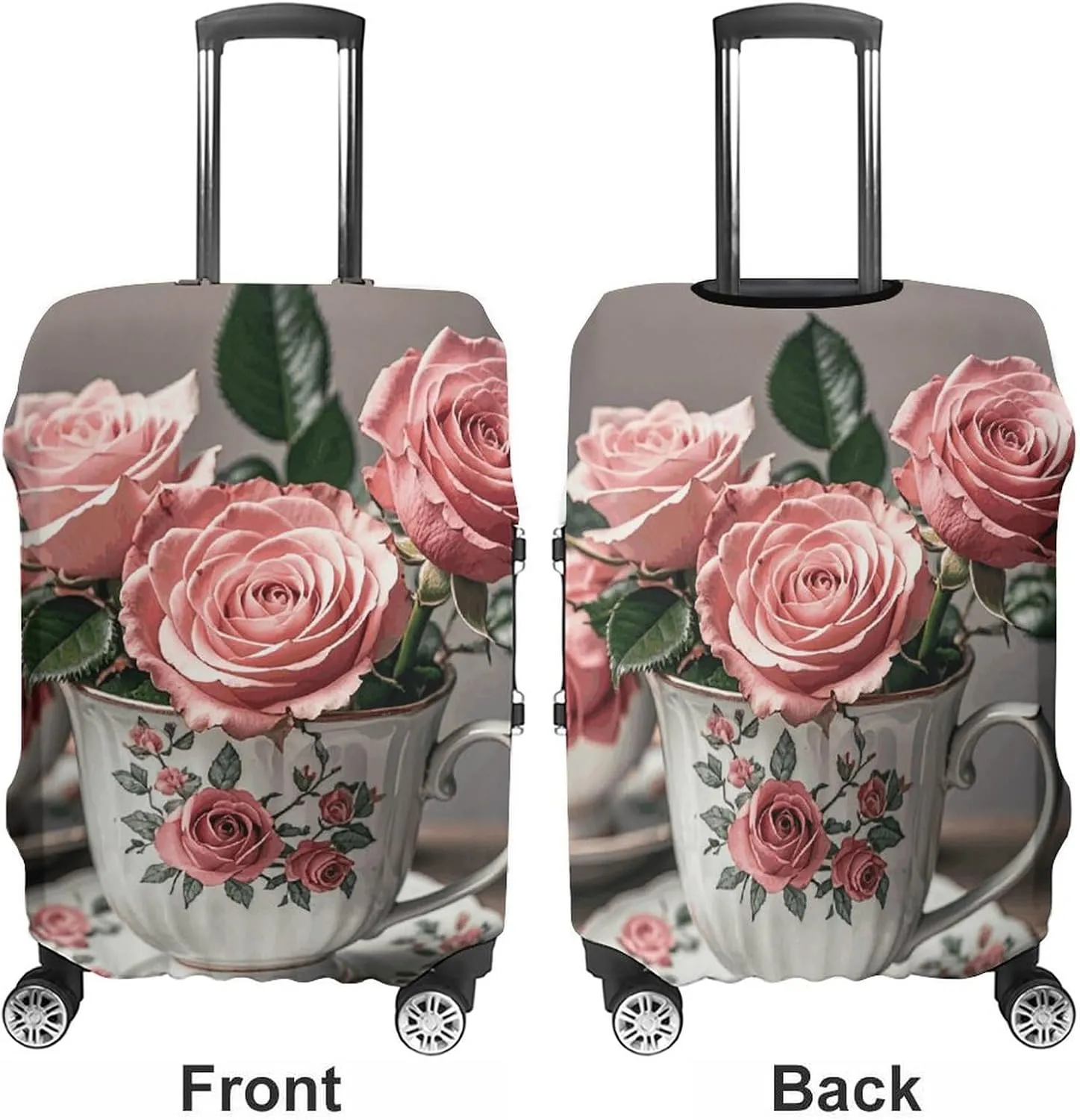 Luggage Cover for Travel, Tea Cups with Roses Romantic Shabby Fashion Luggage Covers, Washable Stretch Suitcases Protector Fits 19-32 Inch Luggage L