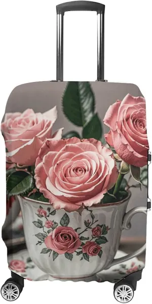 Luggage Cover for Travel, Tea Cups with Roses Romantic Shabby Fashion Luggage Covers, Washable Stretch Suitcases Protector Fits 19-32 Inch Luggage L