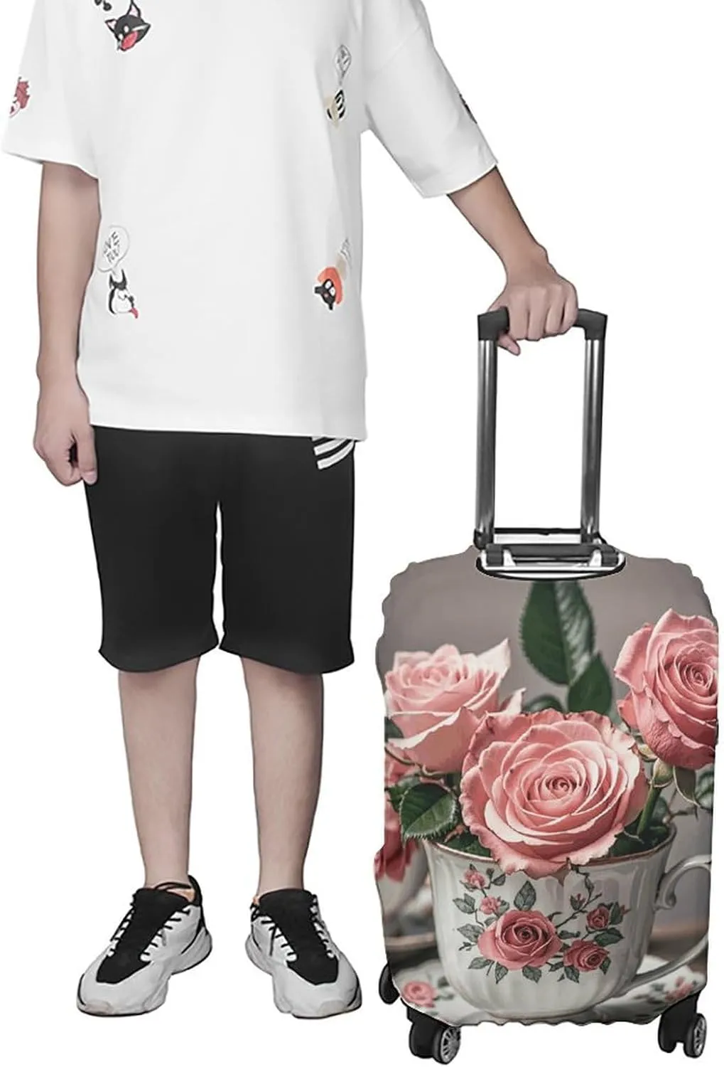 Luggage Cover for Travel, Tea Cups with Roses Romantic Shabby Fashion Luggage Covers, Washable Stretch Suitcases Protector Fits 19-32 Inch Luggage L