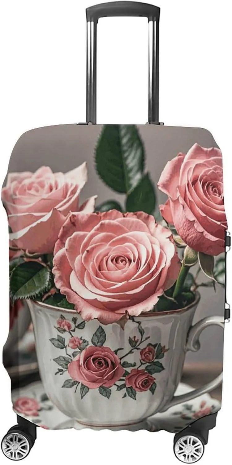 Luggage Cover for Travel, Tea Cups with Roses Romantic Shabby Fashion Luggage Covers, Washable Stretch Suitcases Protector Fits 19-32 Inch Luggage L