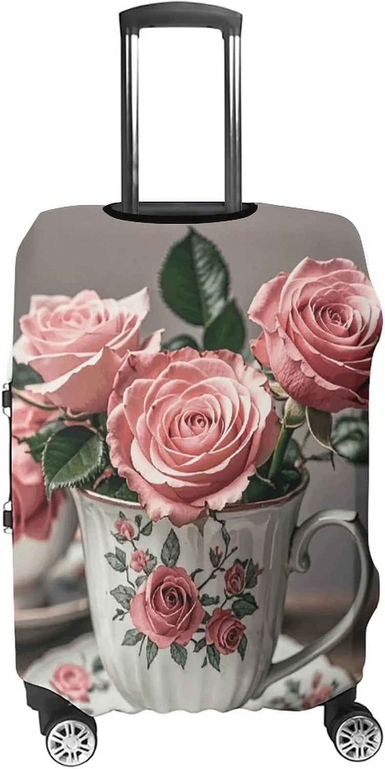 Luggage Cover for Travel, Tea Cups with Roses Romantic Shabby Fashion Luggage Covers, Washable Stretch Suitcases Protector Fits 19-32 Inch Luggage L