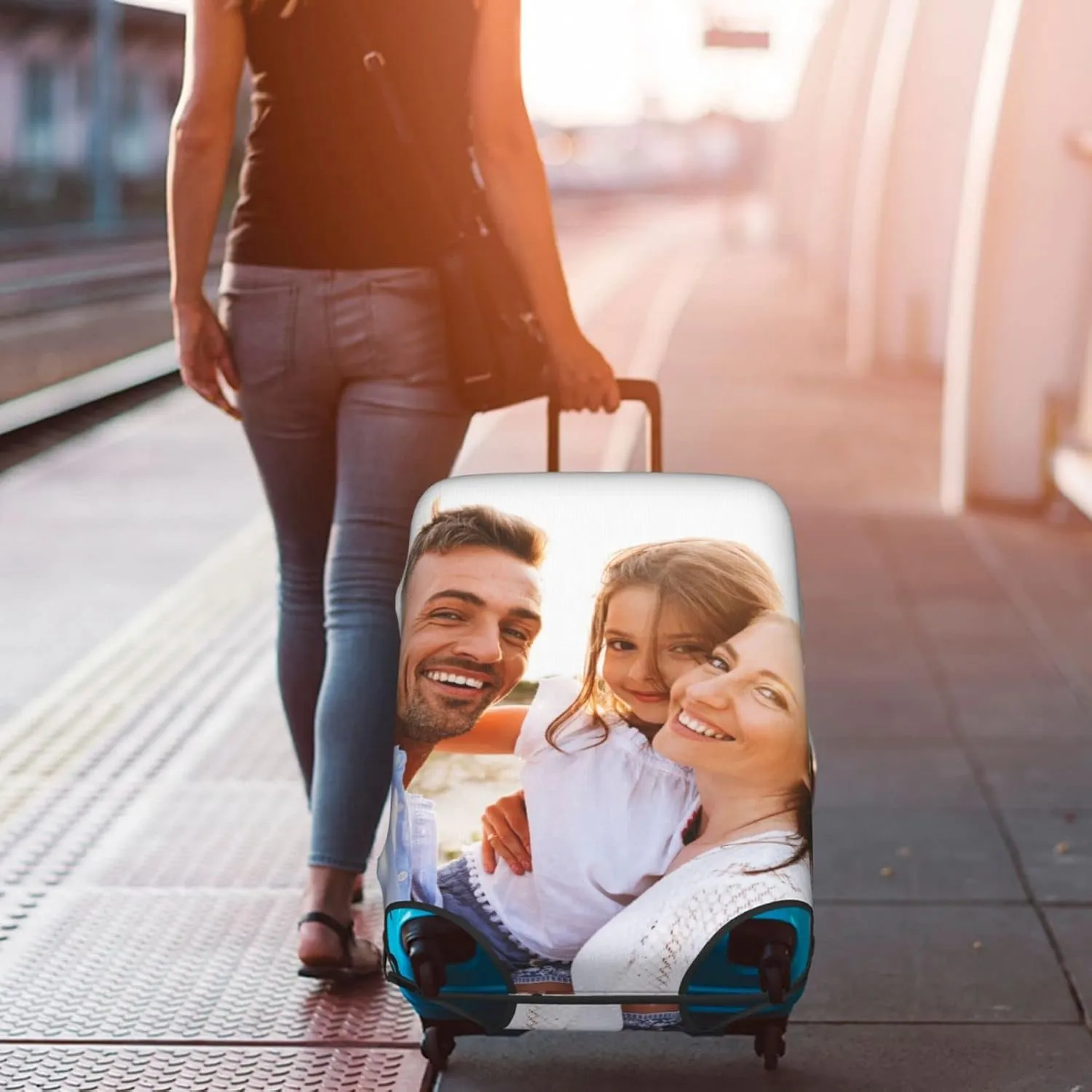 Luggage Cover Personalized Suitcase Cover with Your Own Photo Text Logo Washable Scratch Resistant Resilient Luggage Protector for Business Vacation Travel (L, fit 25-28 Inch Luggage)