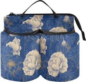 Luggage Cup Holder Multifunctional Navy Blue Gold Peony Floral Travel Carry-on Accessories Travel Gifts for Flight Attendants Businessmen Travelers