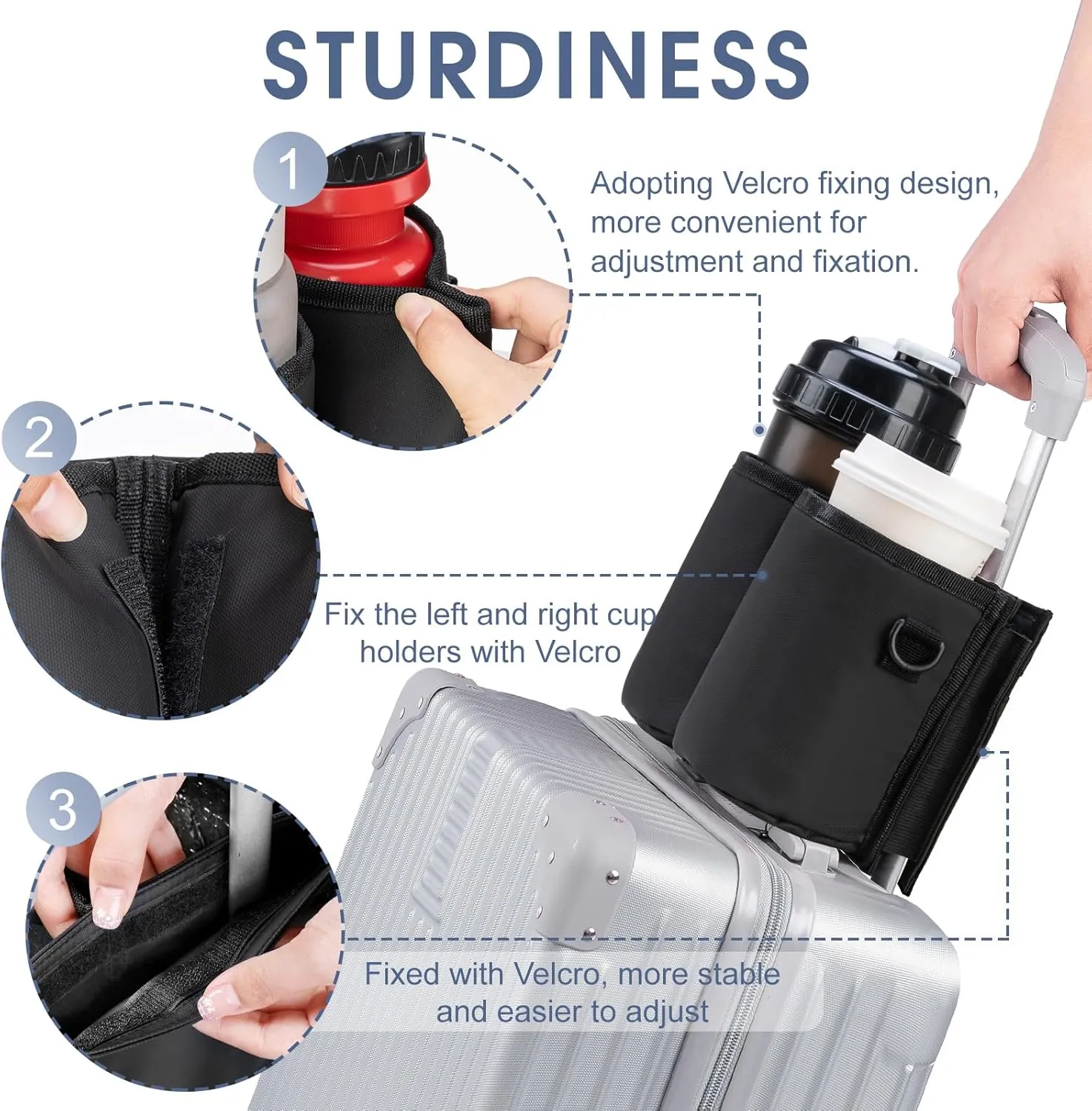 Luggage Cup Holder Travel Drink Bag Luggage Drink Caddy with Shoulder Strap, Thermal Insulation and Zipper Pocket, Travel Accessories Gifts for Flight Attendants, Fits Roll on Suitcase Handles (Black)