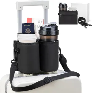 Luggage Cup Holder Travel Drink Bag Luggage Drink Caddy with Shoulder Strap, Thermal Insulation and Zipper Pocket, Travel Accessories Gifts for Flight Attendants, Fits Roll on Suitcase Handles (Black)