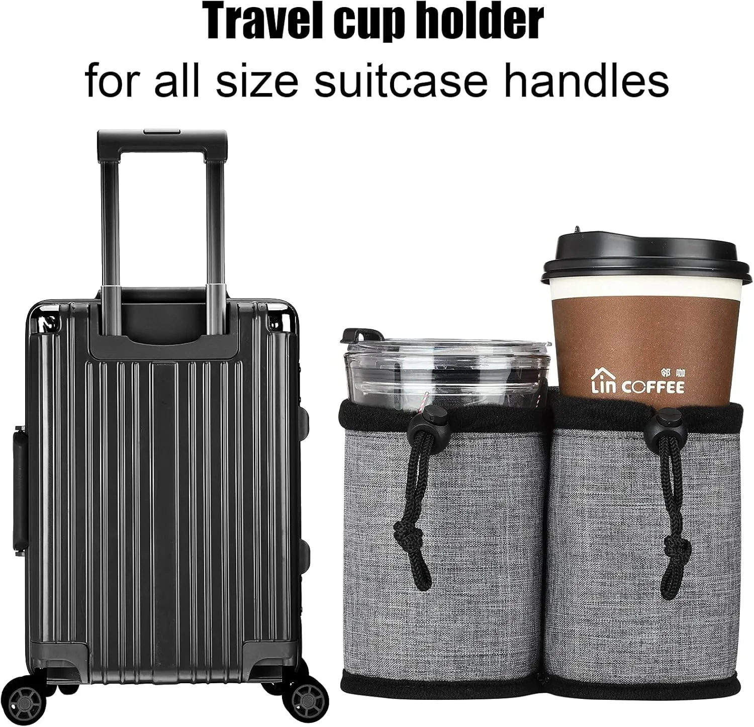 Luggage Cup Holder Travel Essentials Cup Holder, Hands-Free Drink Holder with 2 Coffee Mugs Tightening Drawstring, Accessory for Flying & Travelers - Travel Luggage Accessories by YSCEN (Grey)