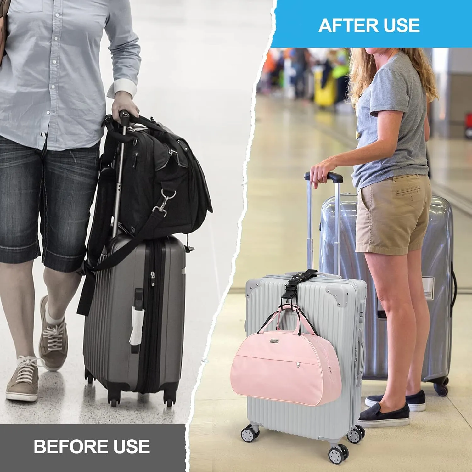 Luggage Hook Strap, J Hook Luggage Strap Flight Attendant with Hands Free, Adjustable Travel Luggage Straps for Add a Bag Hook (Black-2PCS)
