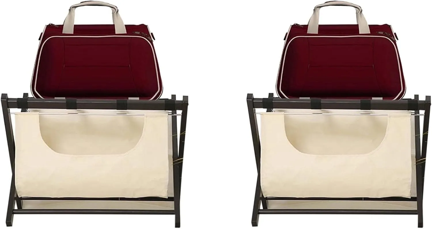 Luggage Rack - Suitcase Stand Wood, with Cloth Pockets Foldable Suitcase Holders, Clothes Storage Bags with Shoe Rack, Black Solid Wood Travel Bag Organizer for Hotel Rooms,2pcs