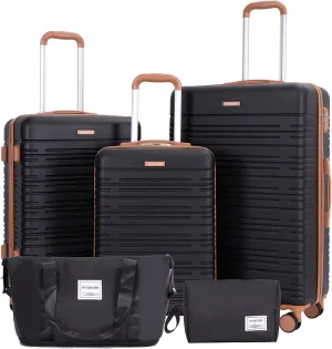 Luggage set 5 Piece Suitcases with Wheels, ABS Hardshell Carry On and Checked luggage with TSA lock a travel bag and a toiletry bag (20/24/28), Black
