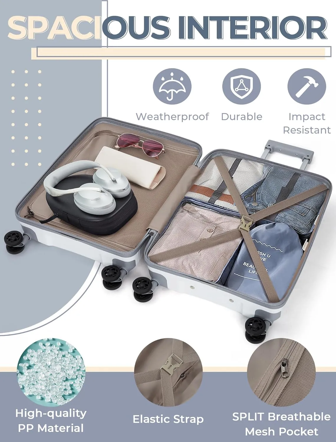 Luggage Sets 5 Piece, Suitcases with Wheels, Hardshell Suitcase Set, PP Carry on Luggage Set with TSA Lock, Travel Luggage