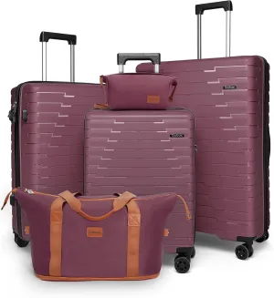 Luggage Sets 5 Piece, Suitcases with Wheels, PP Hard Case Luggage with Upgraded Shock-absorbing Spinner Wheel&TSA Lock, Carry On Luggage Set (Burgundy, 5 Piece Sets (20/24/28/DB/TB))
