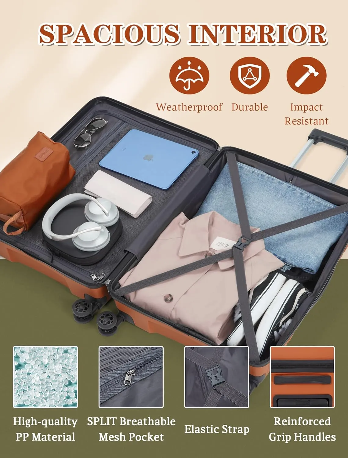 Luggage Sets 5 Piece, Suitcases with Wheels, PP Hard Case Luggage with Upgraded Shock-absorbing Spinner Wheel&TSA Lock, Carry On Luggage Set (BurntOrange, 3 Piece Sets (20/DB/TB))
