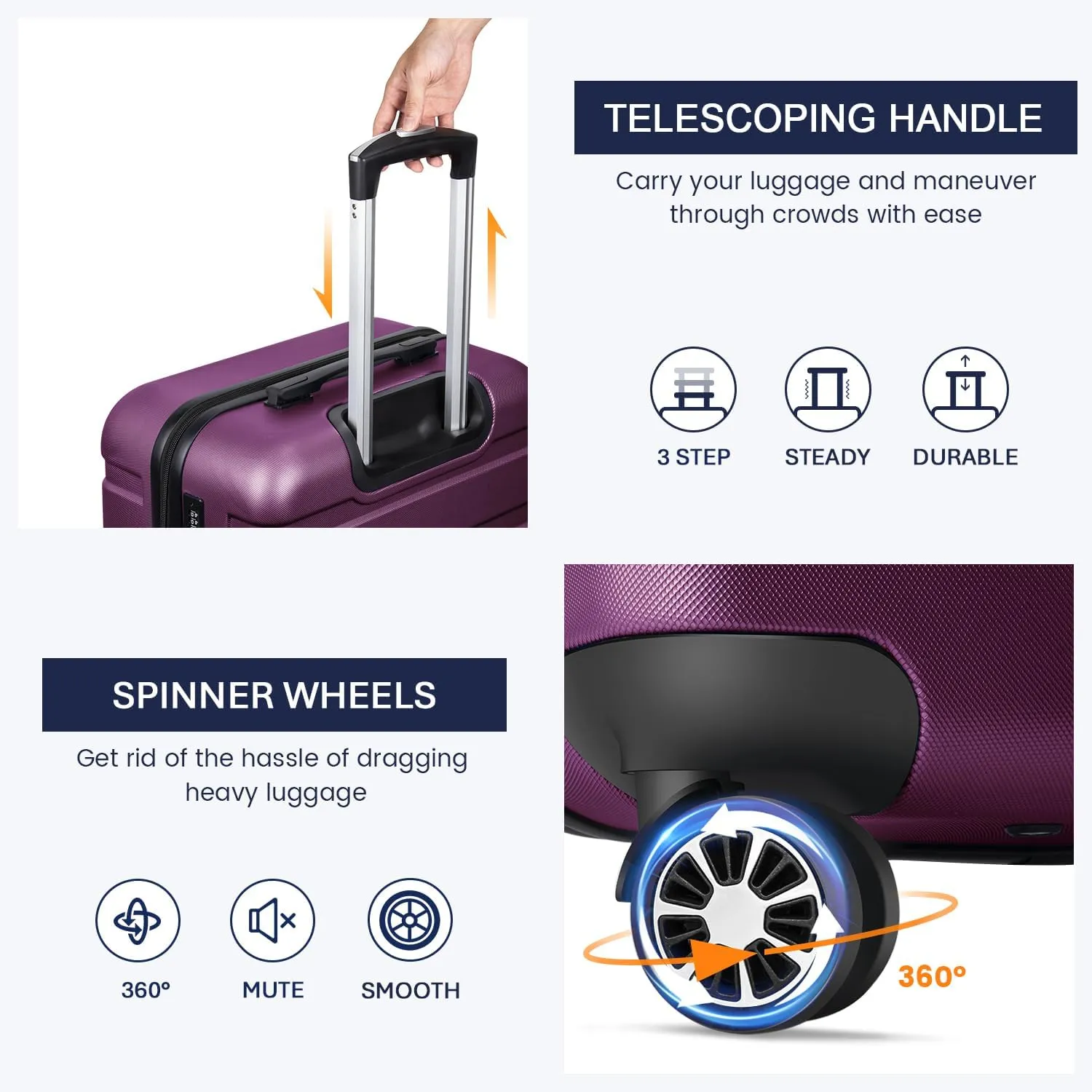 Luggage Sets Hardside Lightweight Suitcase with Spinner Wheels TSA Lock, 3-Piece Set (20/24/28), Purple