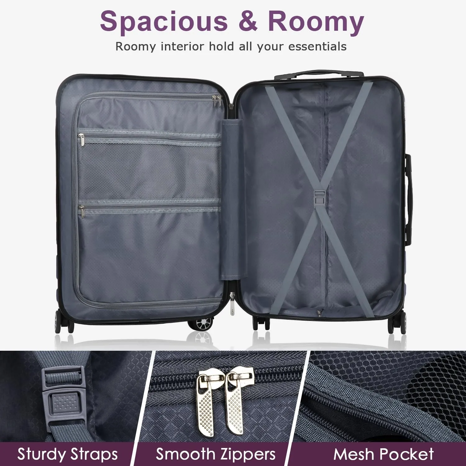 Luggage Sets Hardside Lightweight Suitcase with Spinner Wheels TSA Lock, 3-Piece Set (20/24/28), Purple
