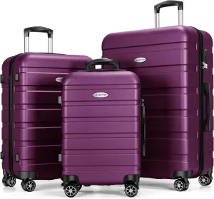 Luggage Sets Hardside Lightweight Suitcase with Spinner Wheels TSA Lock, 3-Piece Set (20/24/28), Purple