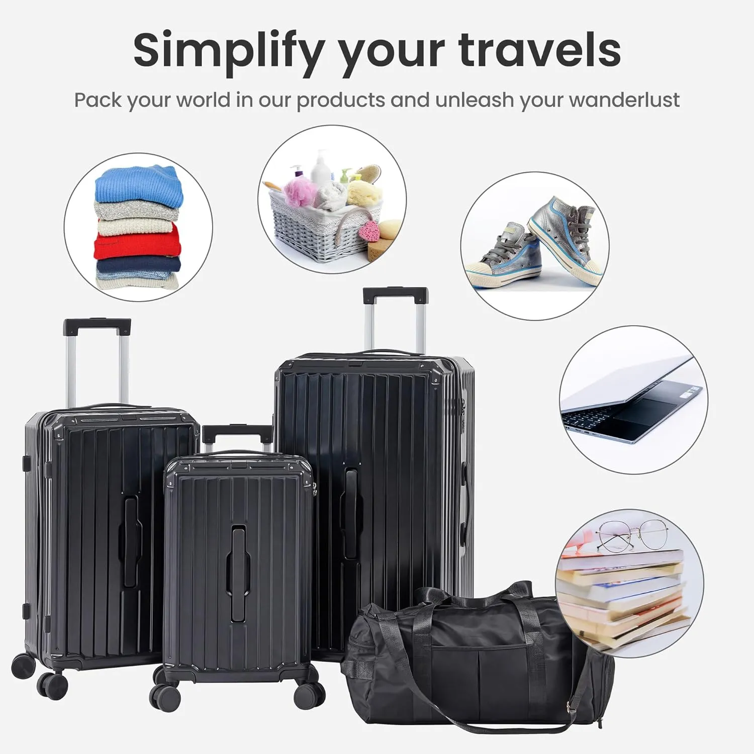 Luggage Sets of 4 Pieces, Travel Luggage Suitcase with TSA Lock, Collapsible Cup Holder, 360 Degree Silent Spinner Wheels for Travel (20"/24"/29"/Travel Bag) Black One Size