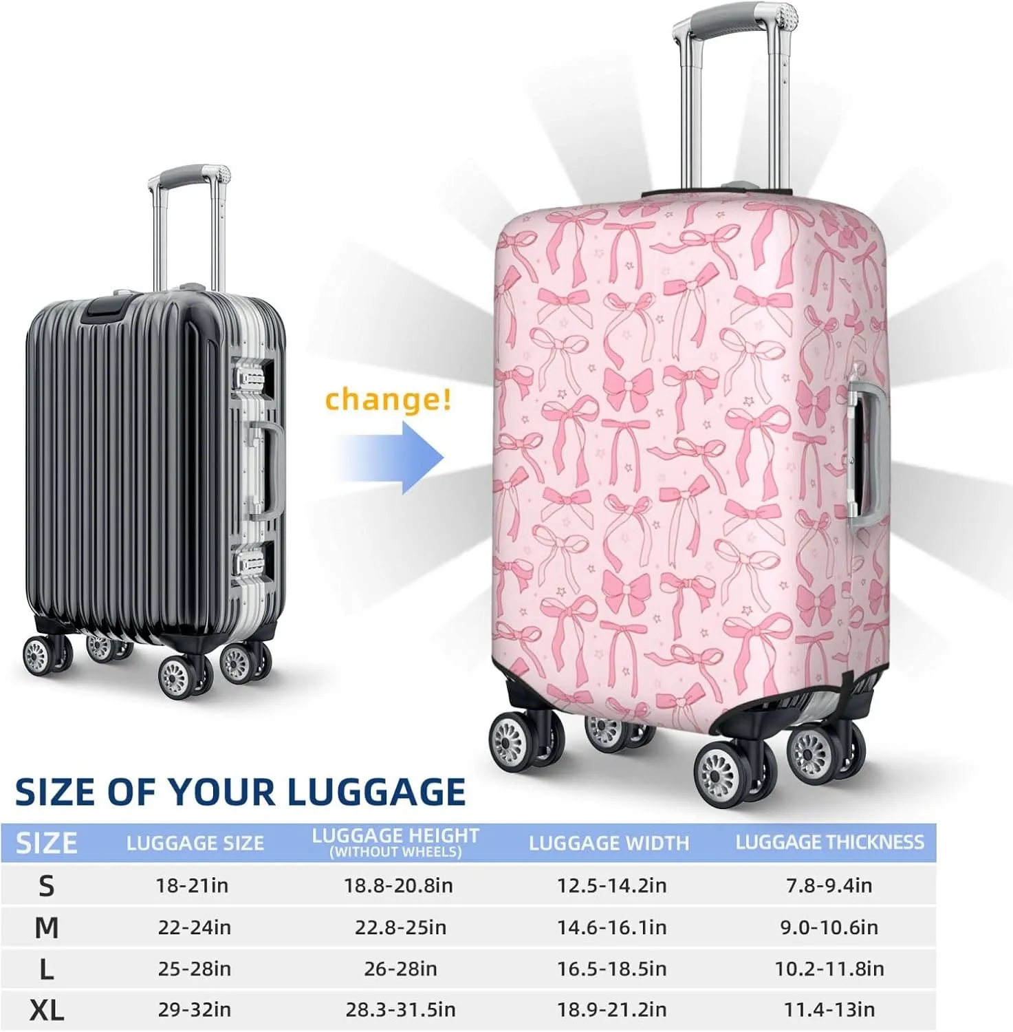 Luggage Suitcase Covers for Luggage Pink Bows 2, High Elasticity Washable Travel Baggage Protector Case Fits 25-28 in