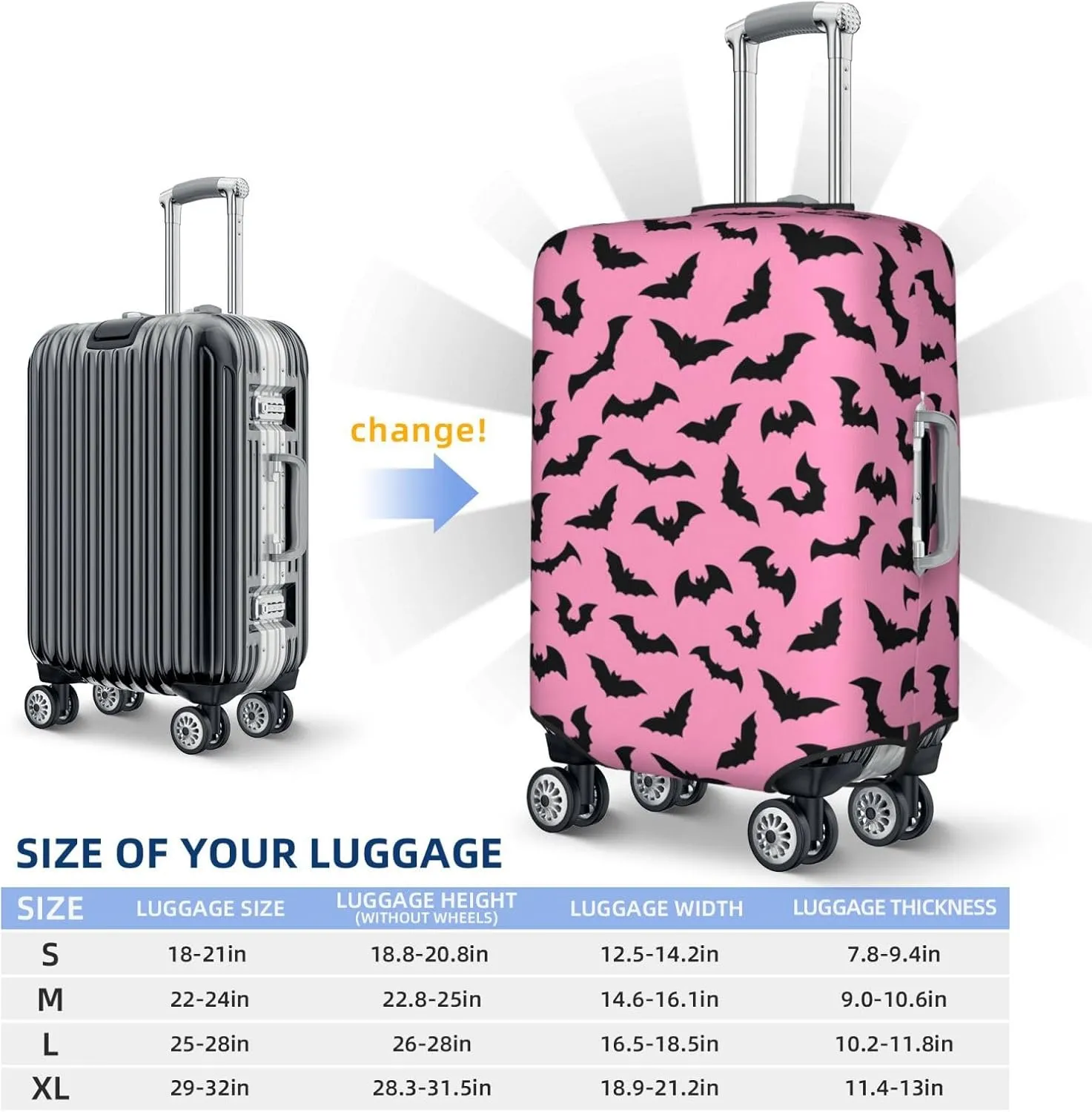 Luggage Suitcase Covers for Luggage Pink Halloween Bats, High Elasticity Washable Travel Baggage Protector Case Fits 25-28 in