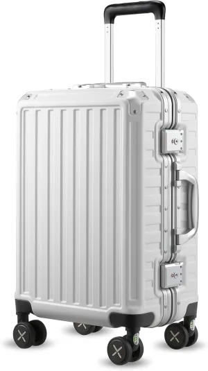 LUGGEX Aluminum Frame Luggage with Spinner Wheels, Zipperless Polycarbonate Hard Shell Suitcase, Carry On 20 Inch, White