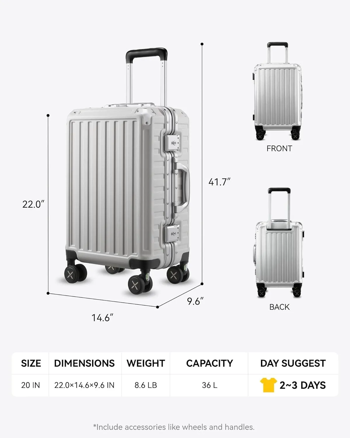 LUGGEX Aluminum Frame Luggage with Spinner Wheels, Zipperless Polycarbonate Hard Shell Suitcase, Carry On 20 Inch, White