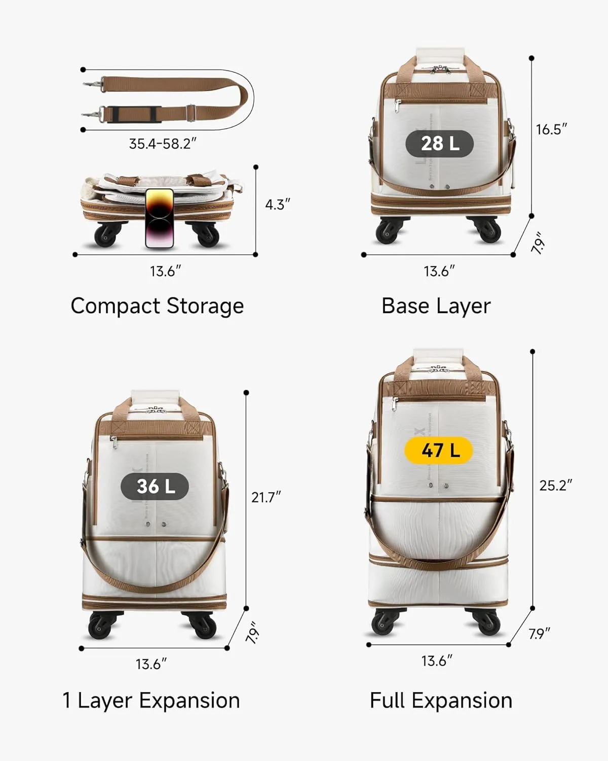 LUGGEX Expandable Underseat Carry On Luggage Bag with Wheels, Lightweight Overnight Foldable Luggage Bag, Small Rolling Suitcase without Telescopic Handle (White-Brown)