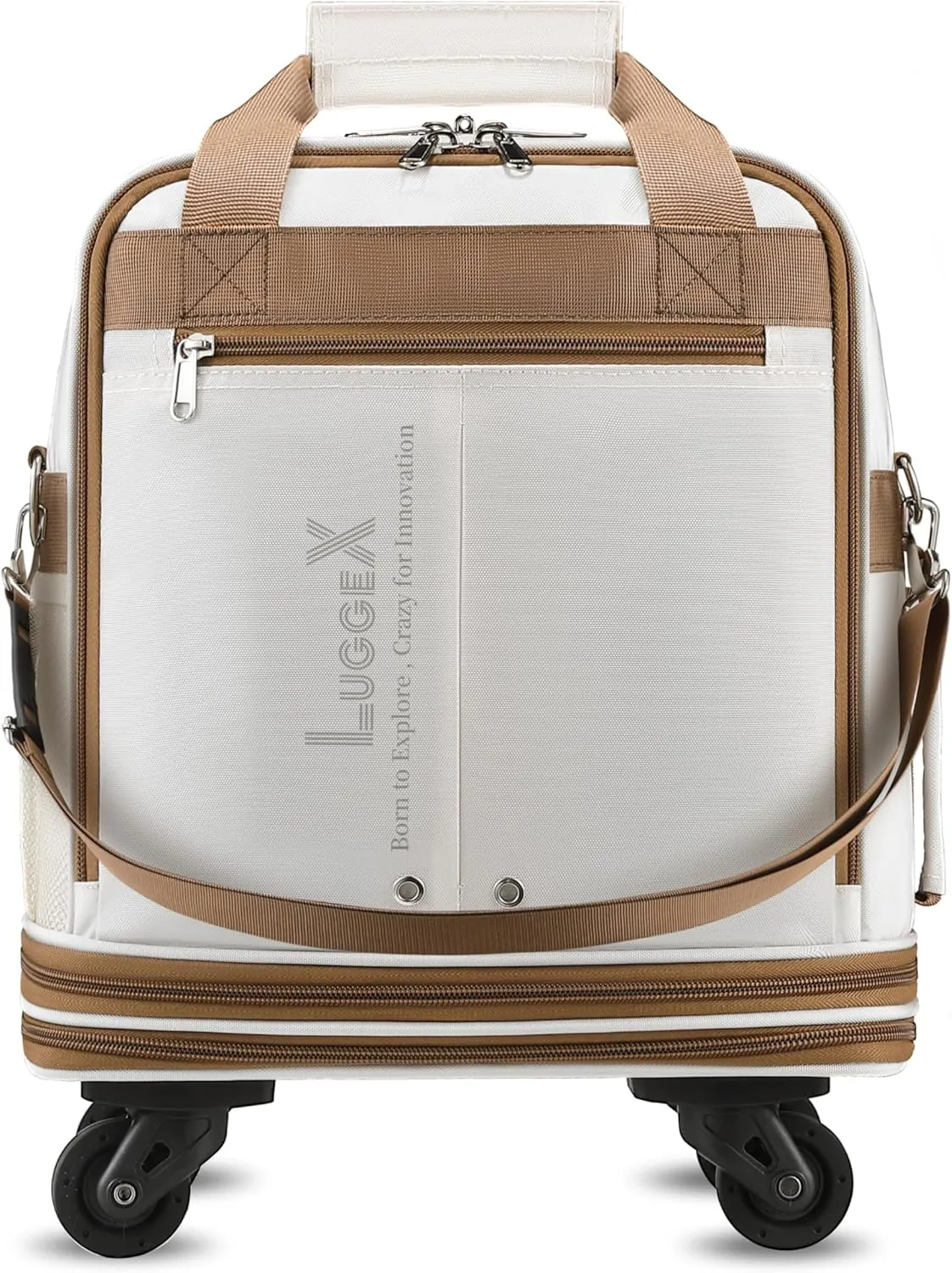 LUGGEX Expandable Underseat Carry On Luggage Bag with Wheels, Lightweight Overnight Foldable Luggage Bag, Small Rolling Suitcase without Telescopic Handle (White-Brown)