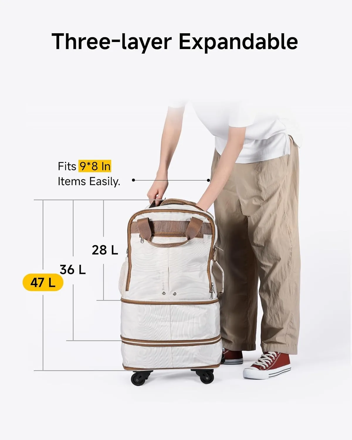 LUGGEX Expandable Underseat Carry On Luggage Bag with Wheels, Lightweight Overnight Foldable Luggage Bag, Small Rolling Suitcase without Telescopic Handle (White-Brown)