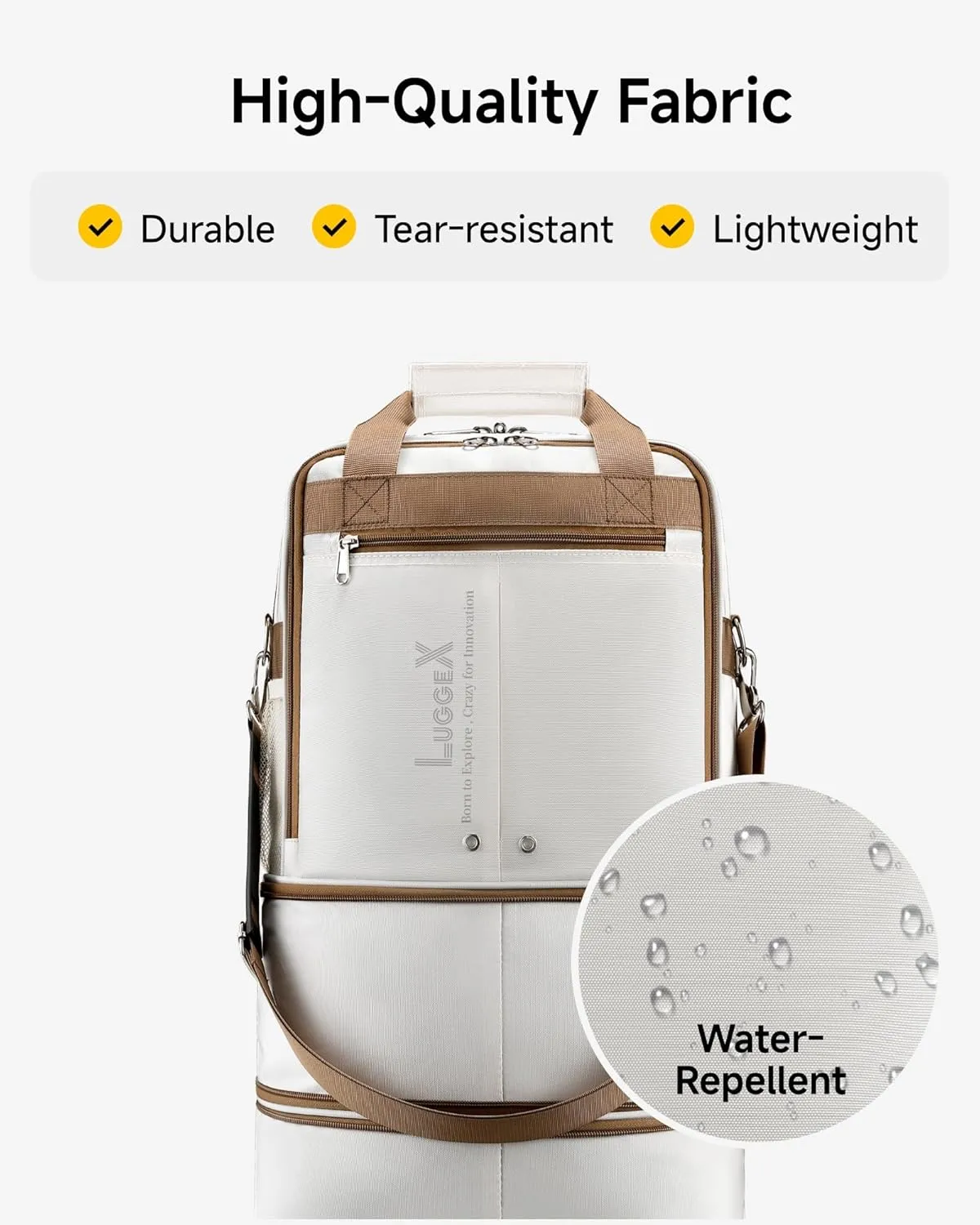 LUGGEX Expandable Underseat Carry On Luggage Bag with Wheels, Lightweight Overnight Foldable Luggage Bag, Small Rolling Suitcase without Telescopic Handle (White-Brown)
