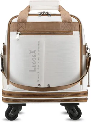 LUGGEX Expandable Underseat Carry On Luggage Bag with Wheels, Lightweight Overnight Foldable Luggage Bag, Small Rolling Suitcase without Telescopic Handle (White-Brown)