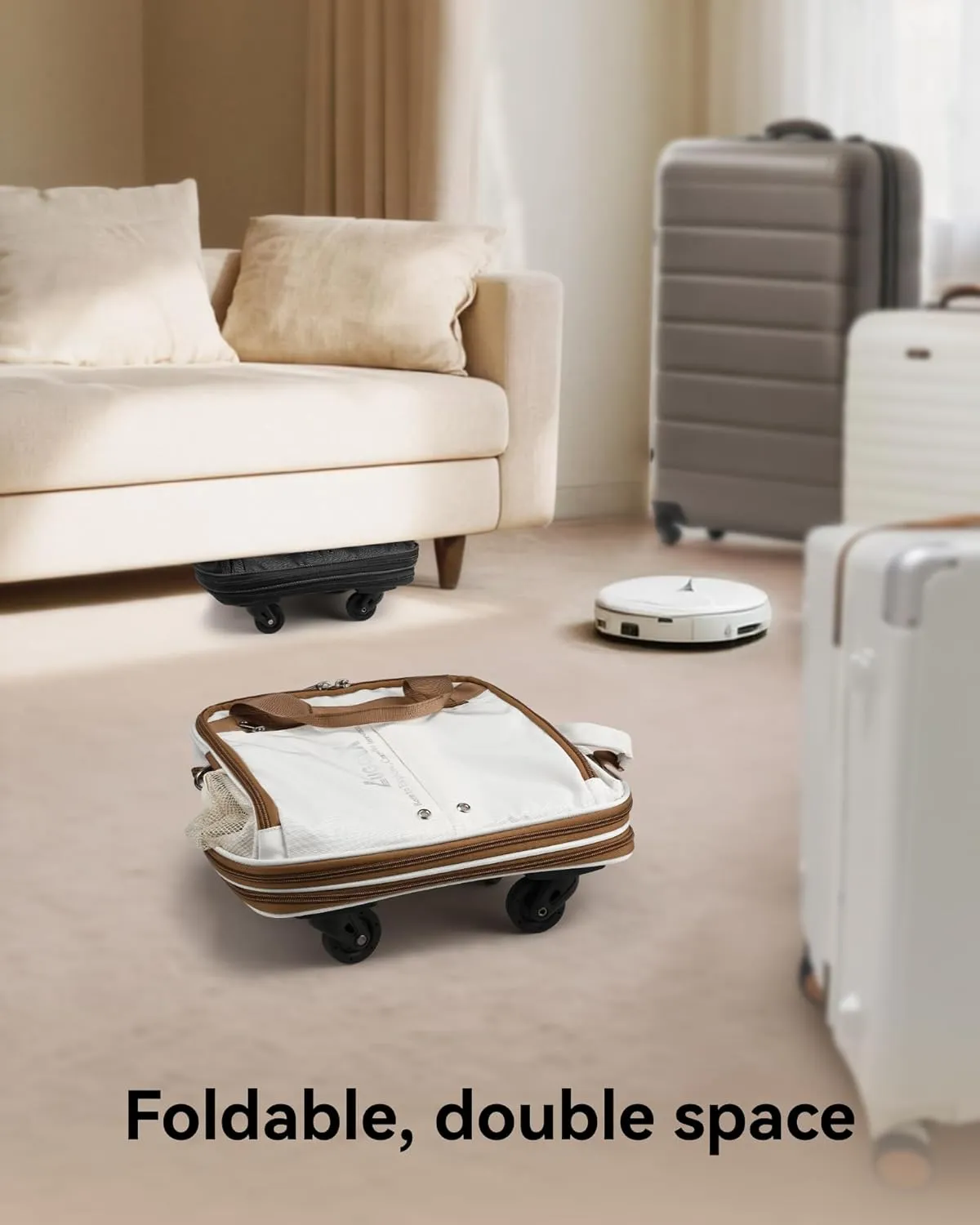 LUGGEX Expandable Underseat Carry On Luggage Bag with Wheels, Lightweight Overnight Foldable Luggage Bag, Small Rolling Suitcase without Telescopic Handle (White-Brown)
