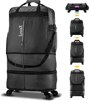 LUGGEX Suitcases with Wheels, Expandable Collapsible Luggage Rolling Travel Duffle Bag without Telescopic Handle, Foldable Large Weekender Bag for Men Women, Black
